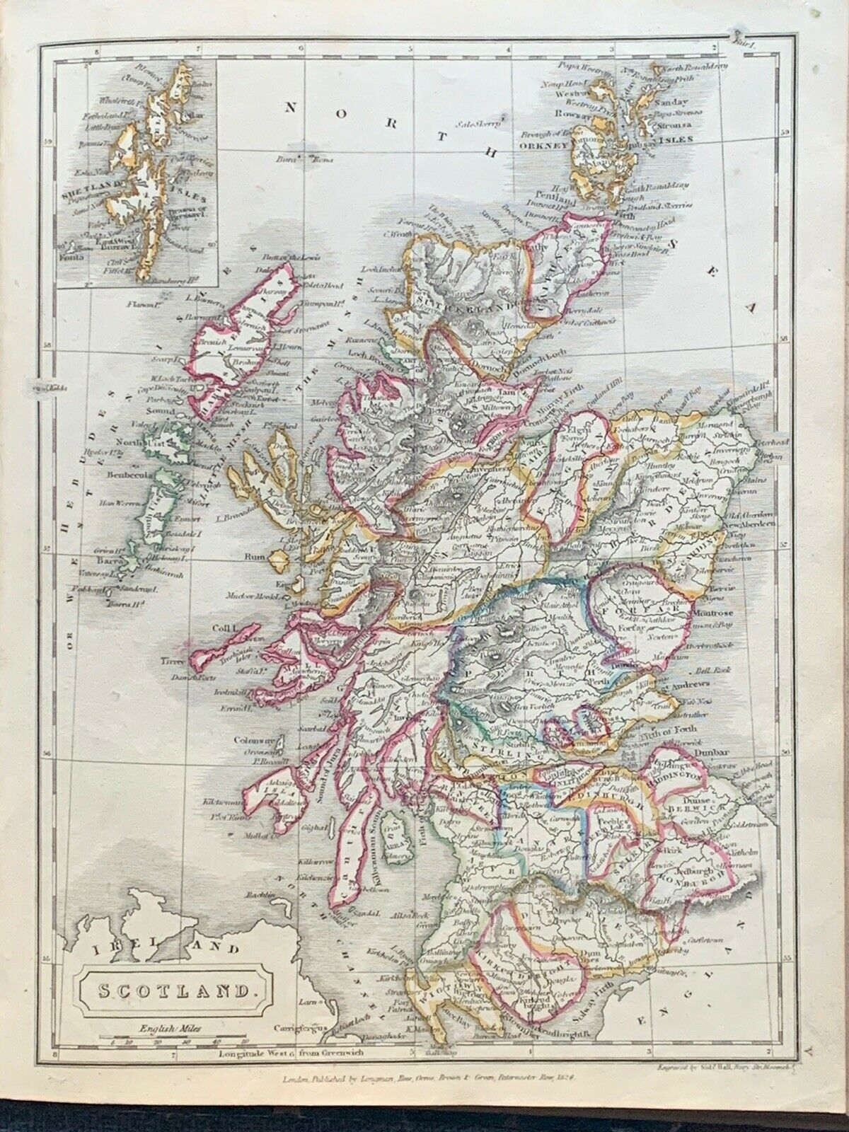 1829 Scotland Hand Coloured Original Antique Map By Sidney Hall 191 Years Old