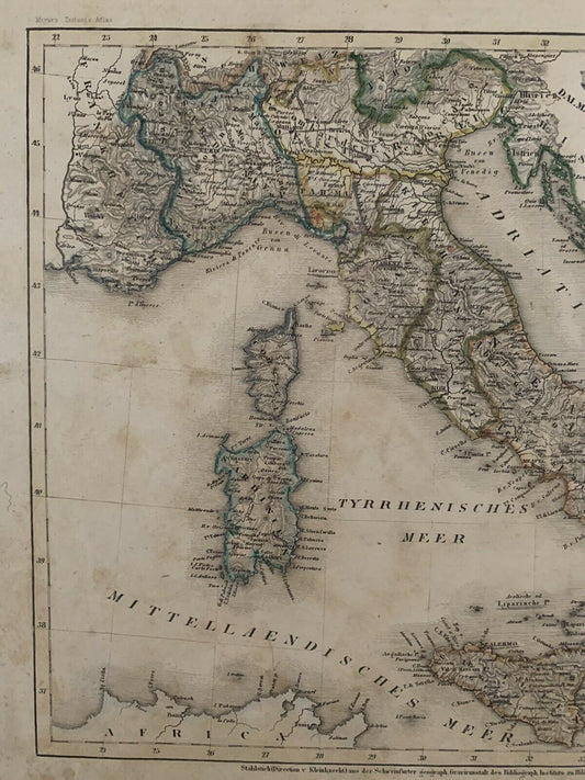 1849 Italy Original Antique Hand Coloured Map By Joseph Meyer 171 Years Old