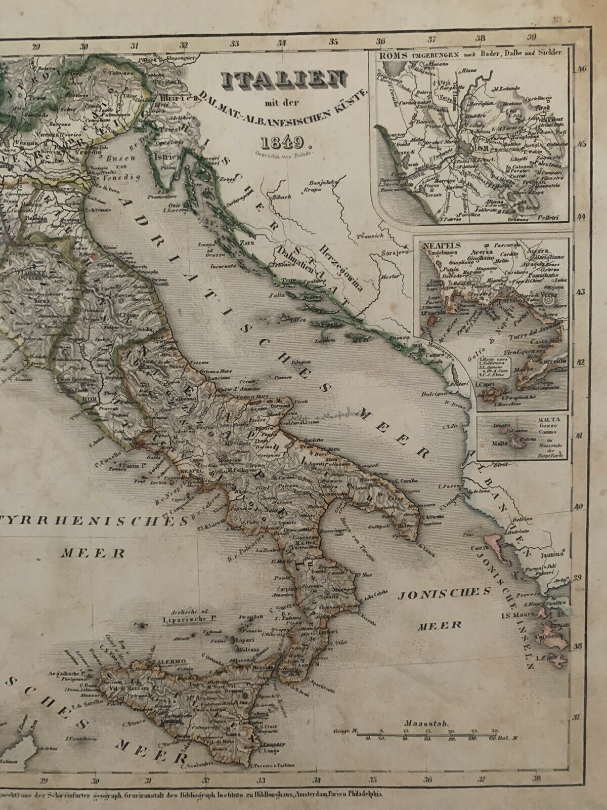 1849 Italy Original Antique Hand Coloured Map By Joseph Meyer 171 Years Old