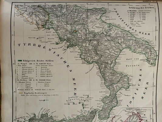 1854 Southern Italy Sicily Hand Coloured Original Antique Map By Carl Flemming