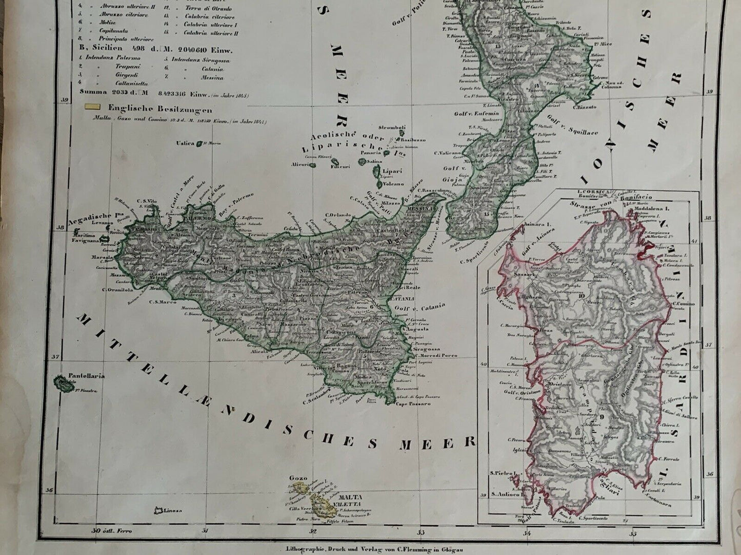 1854 Southern Italy Sicily Hand Coloured Original Antique Map By Carl Flemming