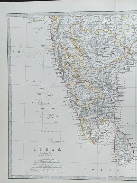 1880 South India Burma Malaya Singapore Hand Coloured Antique Map By Johnston