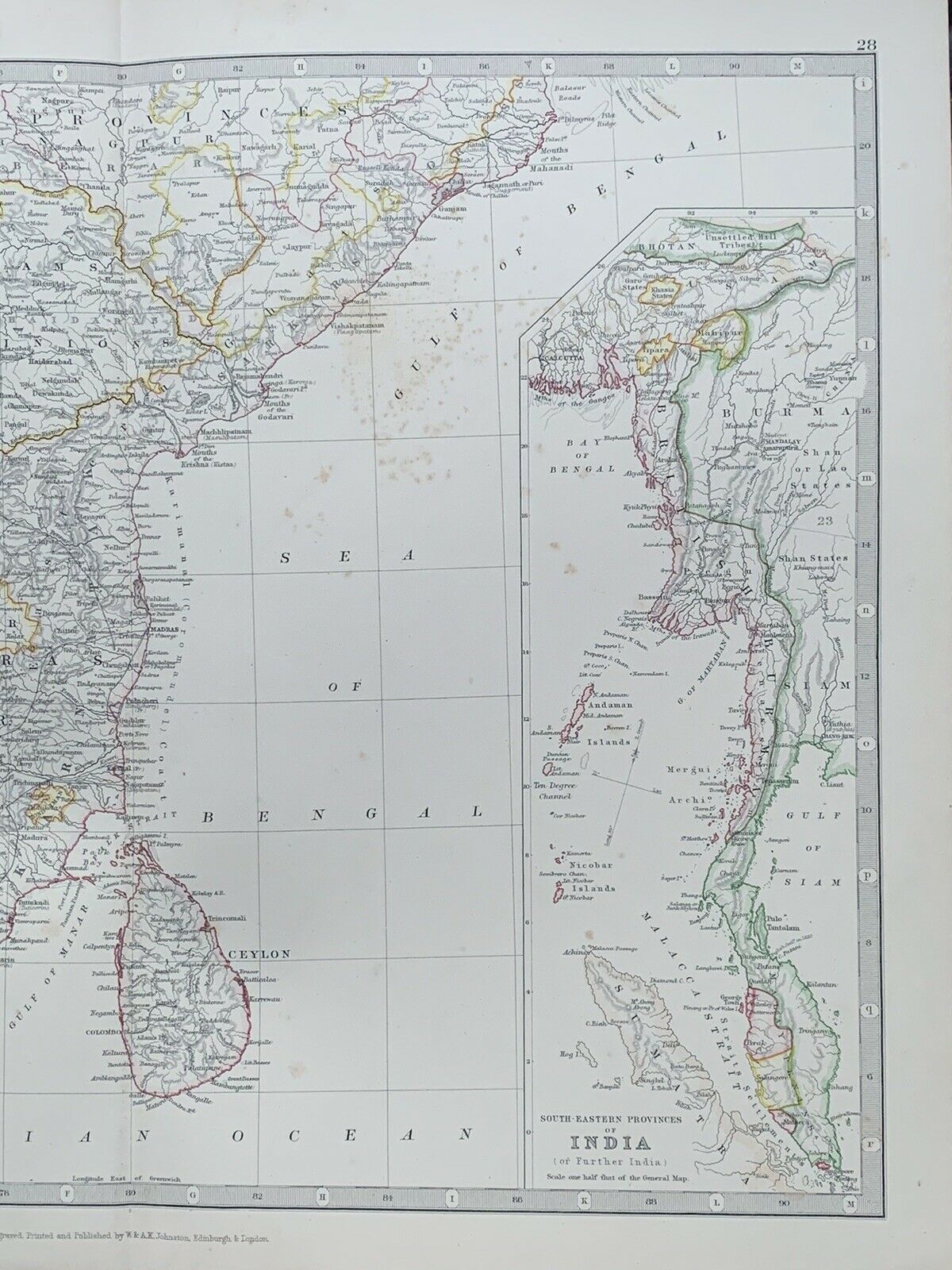 1880 South India Burma Malaya Singapore Hand Coloured Antique Map By Johnston