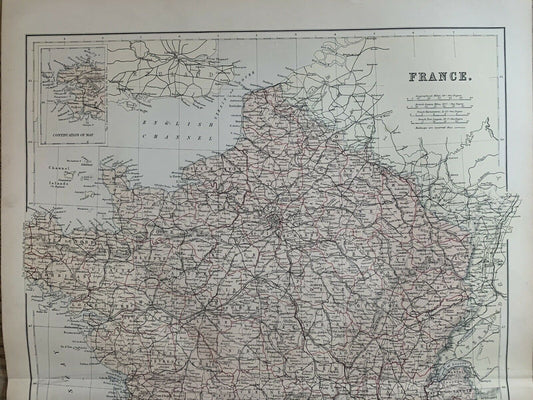 1882 France Original Antique Colour Map By W.G. Blackie 138 Years Old