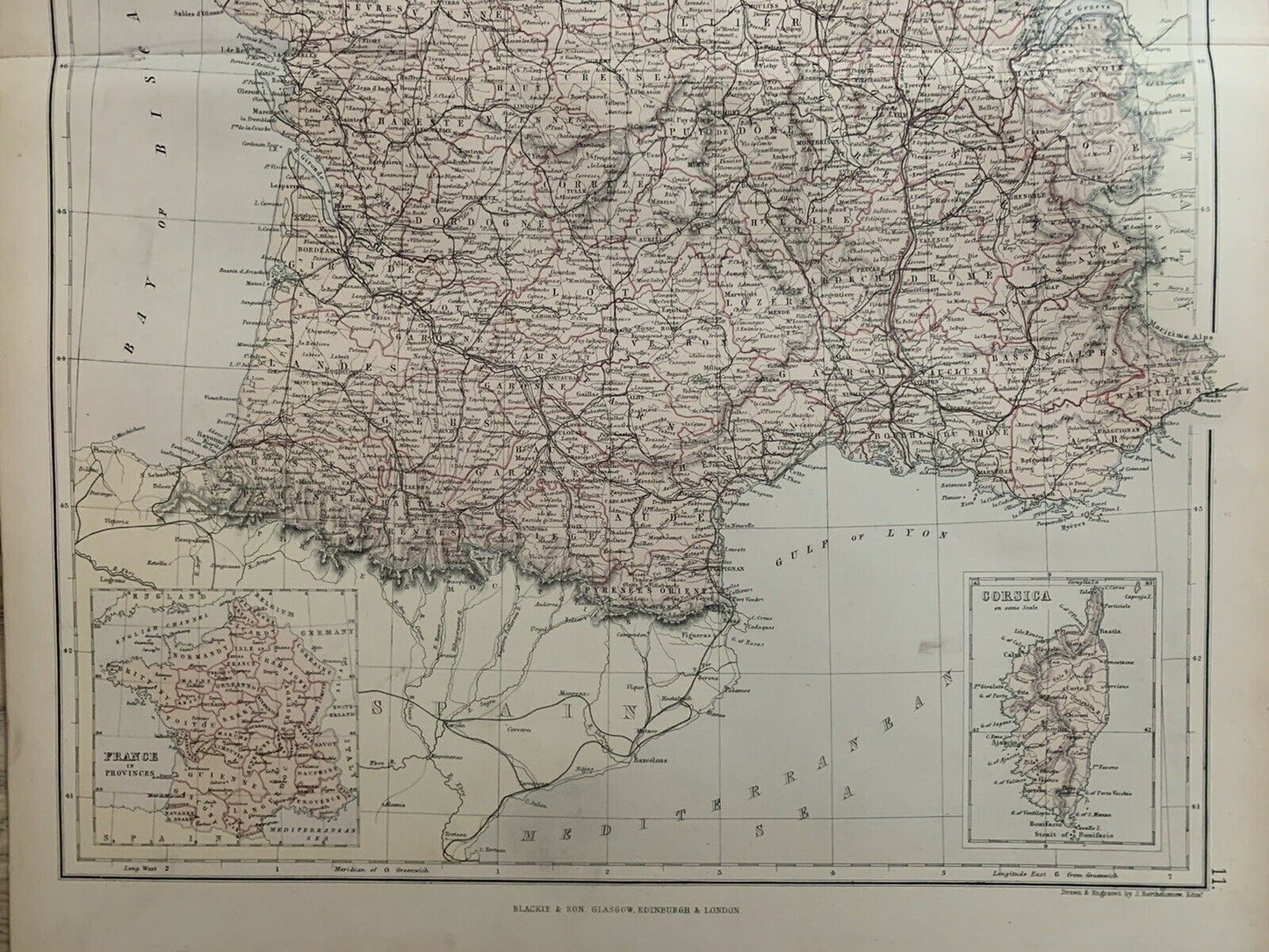 1882 France Original Antique Colour Map By W.G. Blackie 138 Years Old