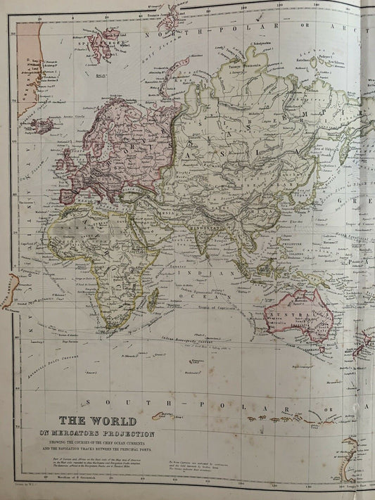 1882 World Chart Original Antique Colour Map By W.G. Blackie 138 Years Old