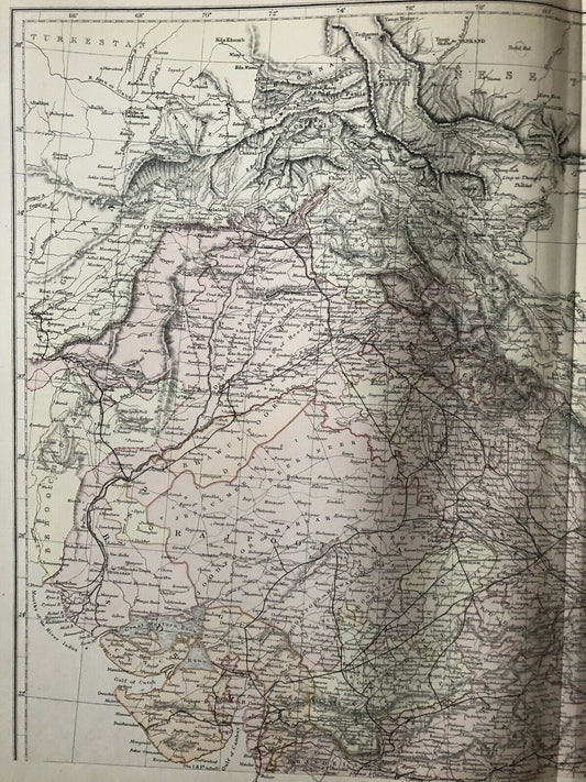 1884 India Large Coloured Antique Map On Two Sheets By W.G. Blackie