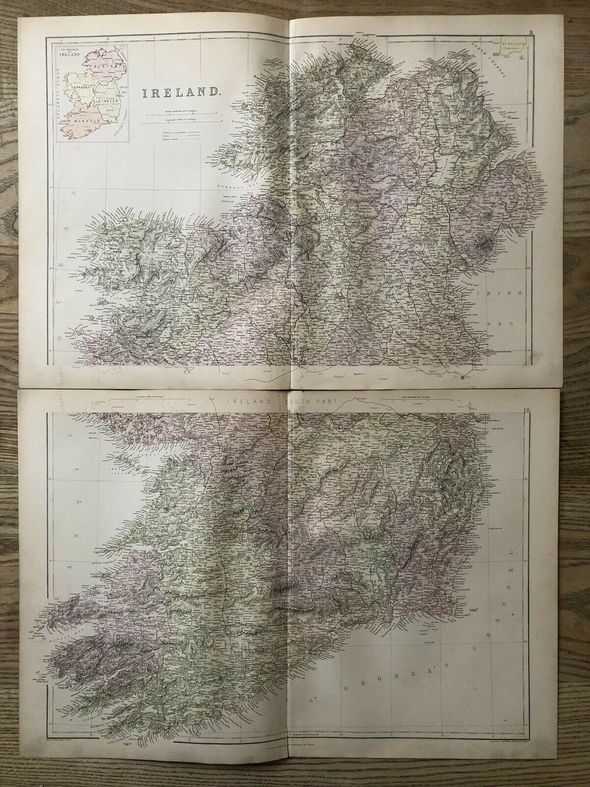 1884 Ireland Large Coloured Antique Map On Two Sheets By W.G. Blackie