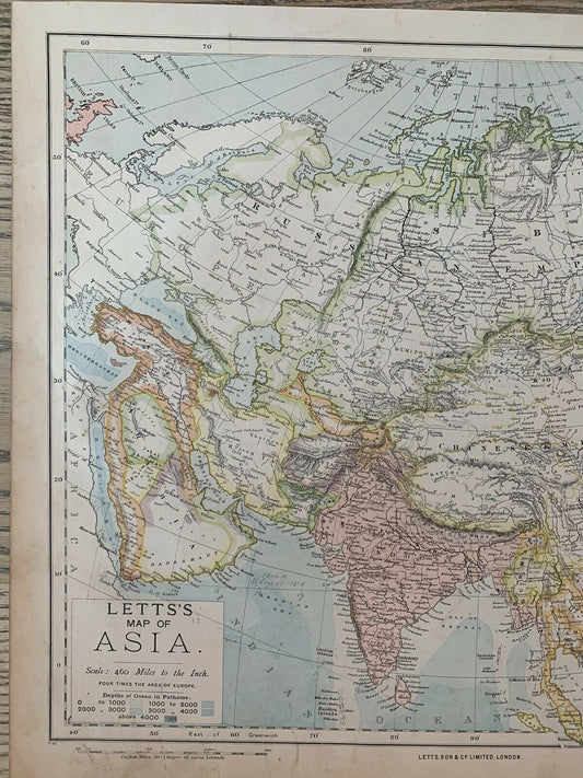 1889 Asia Original Antique Map By Letts, Son & Co. 131 Years Old