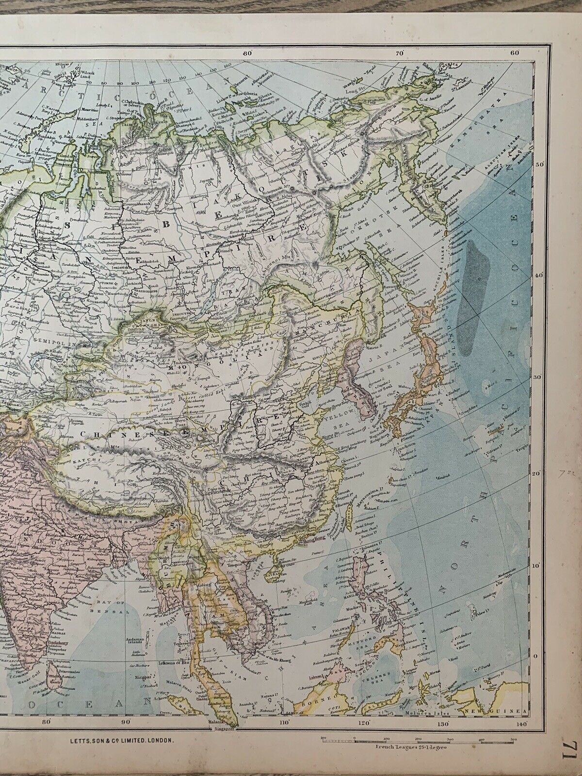 1889 Asia Original Antique Map By Letts, Son & Co. 131 Years Old