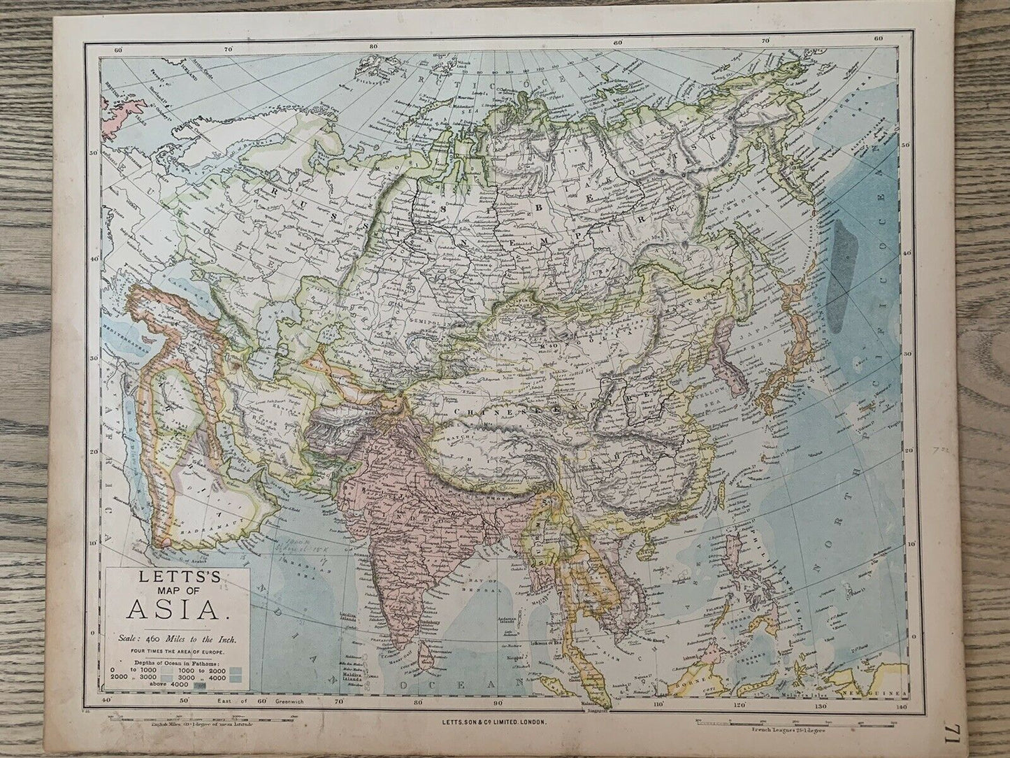 1889 Asia Original Antique Map By Letts, Son & Co. 131 Years Old