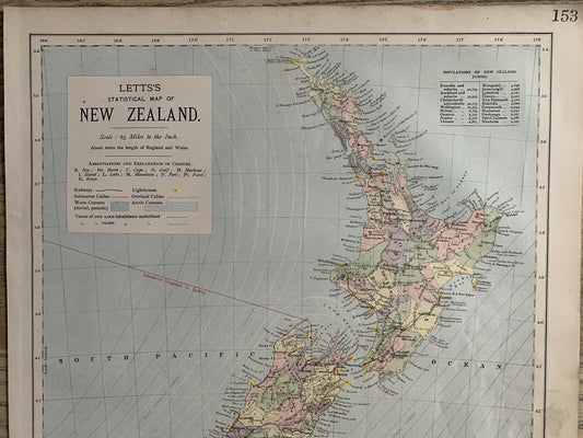 1889 New Zealand Original Antique Map By Letts, Son & Co. 131 Years Old