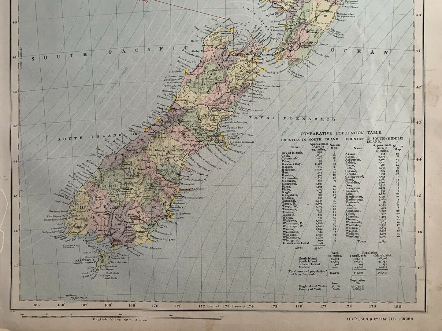 1889 New Zealand Original Antique Map By Letts, Son & Co. 131 Years Old