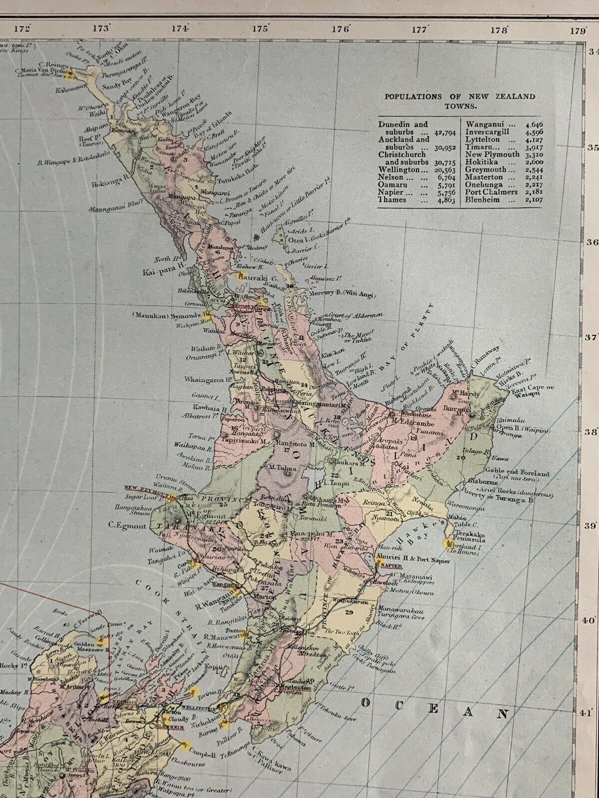 1889 New Zealand Original Antique Map By Letts, Son & Co. 131 Years Old