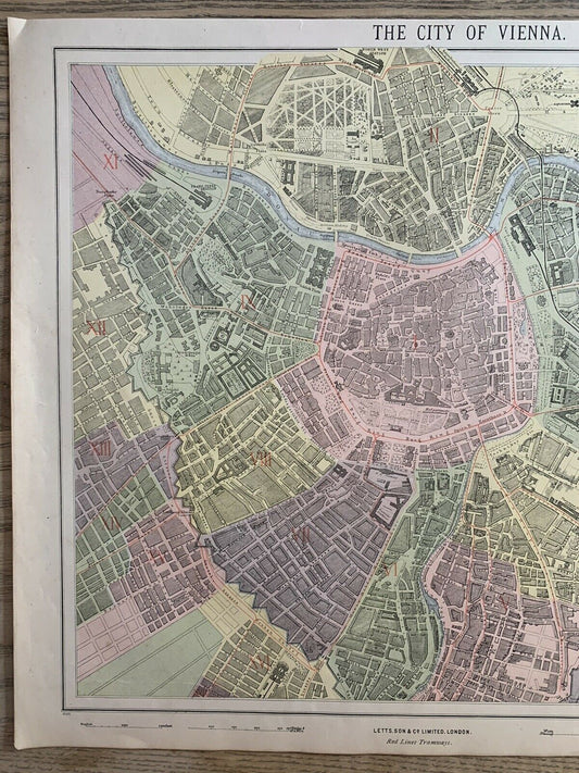 1889 Vienna City Plan Austria Original Antique Map By Letts, Son & Co.