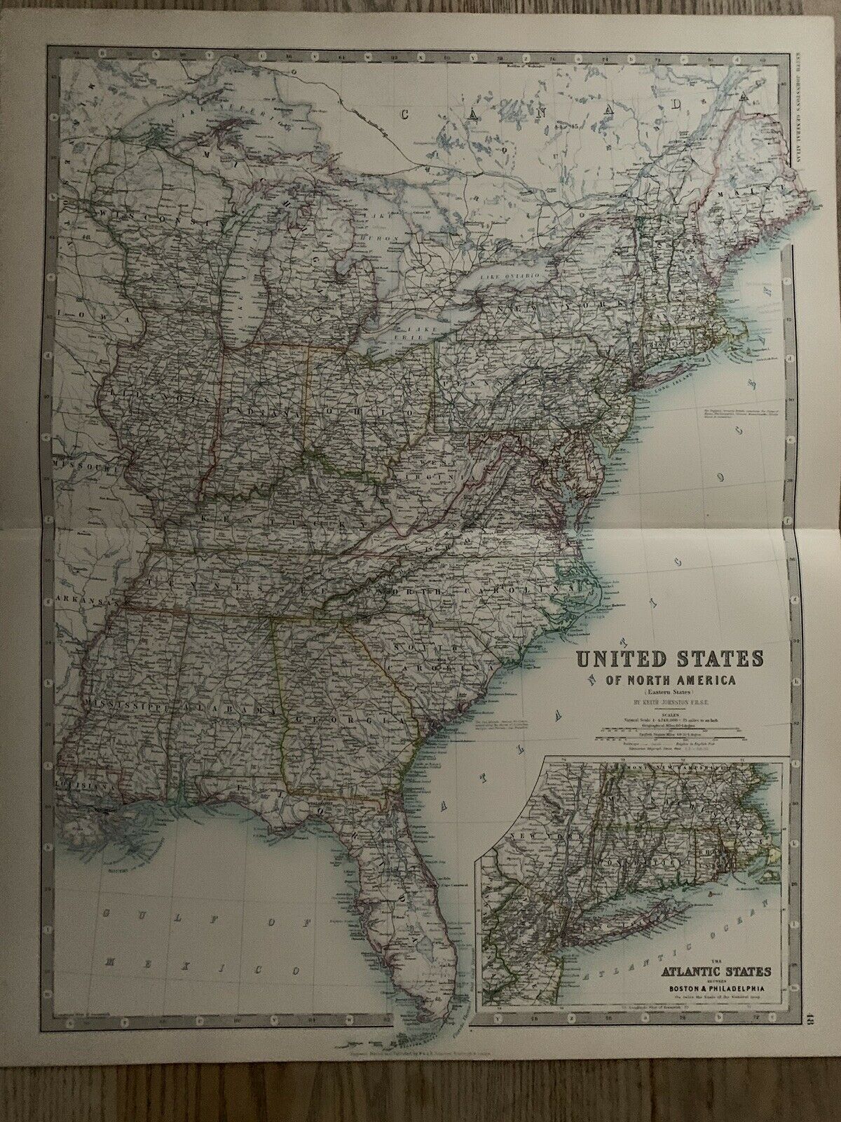 1893 Eastern United States Large Original Antique Map By Johnston 126 Years Old
