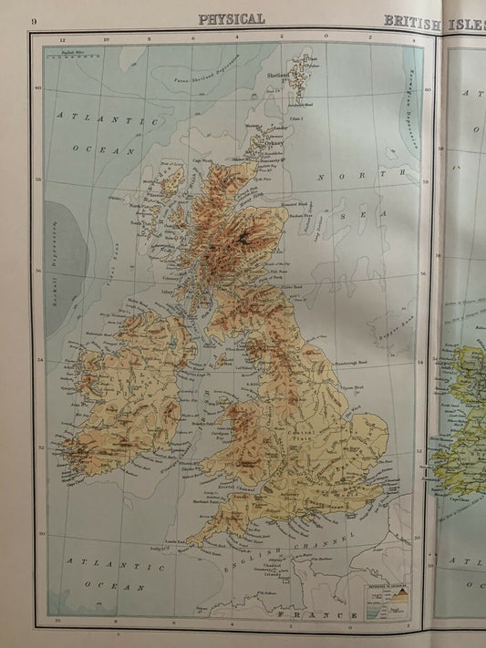1898 British Isles Physical & Political Antique Colour Map By John Bartholomew