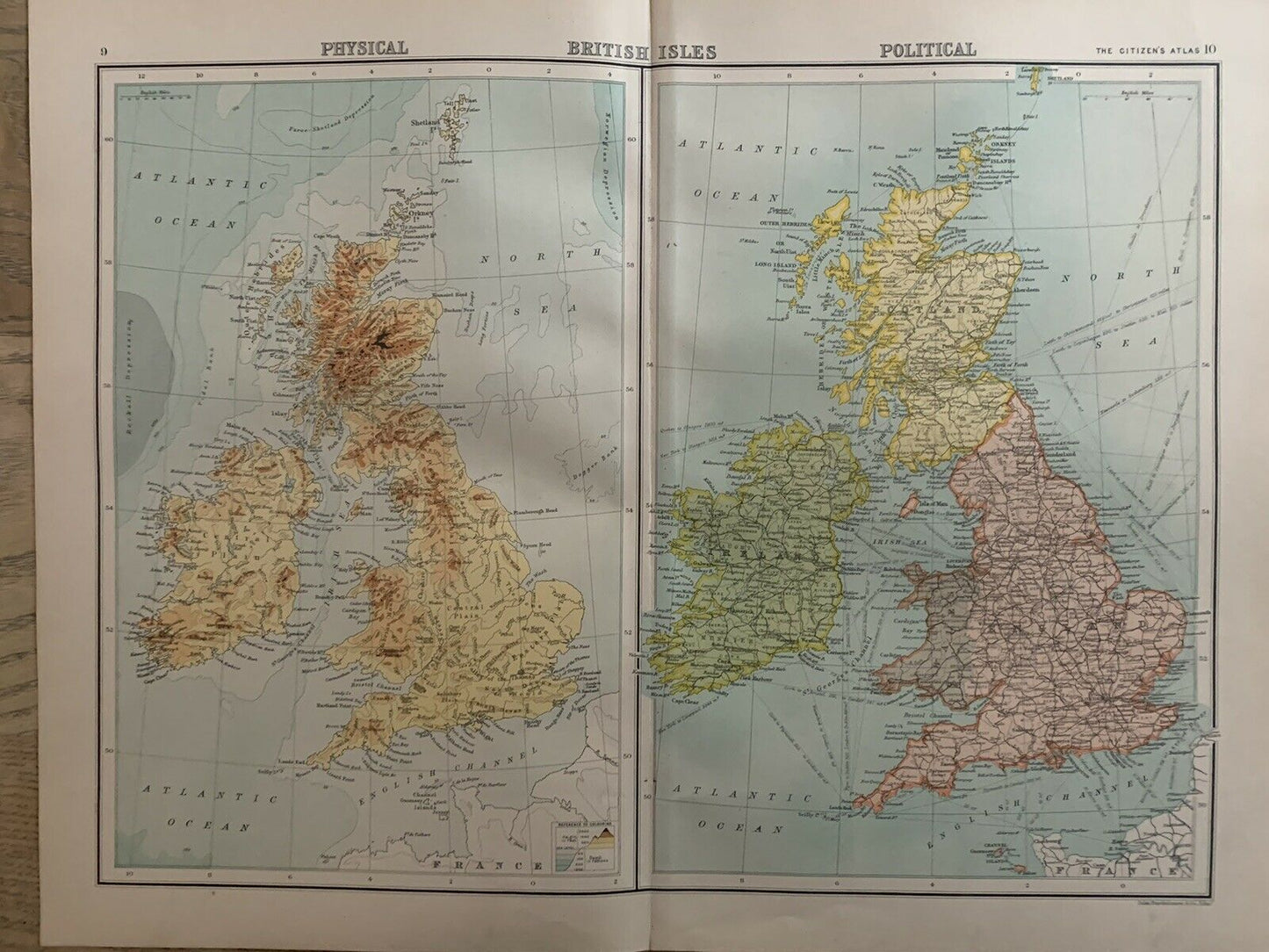 1898 British Isles Physical & Political Antique Colour Map By John Bartholomew