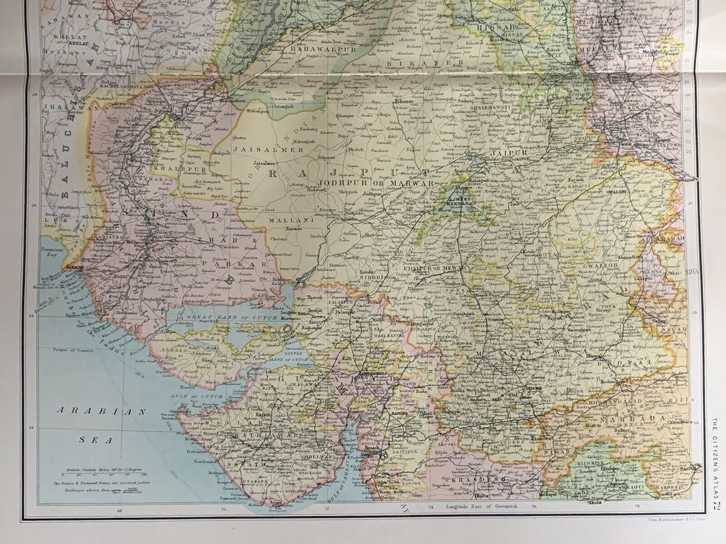 1898 North West India Antique Colour Map By John Bartholomew 122 Years Old