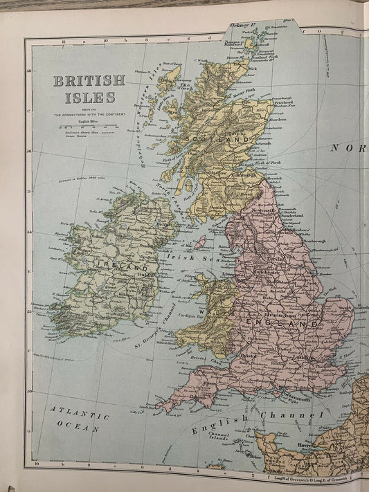 1899 British Isles & North Sea Original Antique Map By G.W. Bacon 121 Years Old