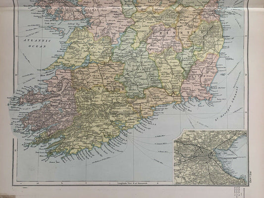 1899 Ireland Original Antique Map By G.W. Bacon 121 Years Old
