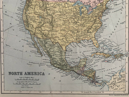1899 North America Antique Map By G.W. Bacon 121 Years Old