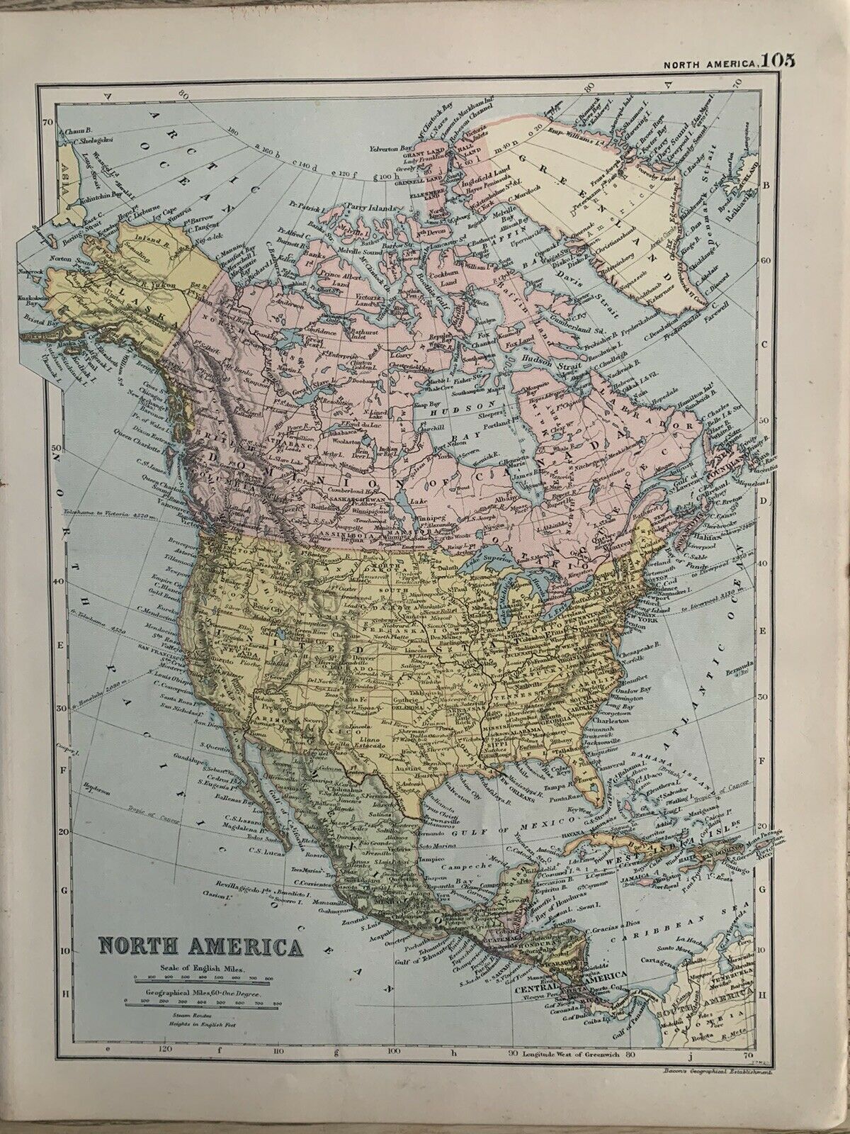 1899 North America Antique Map By G.W. Bacon 121 Years Old
