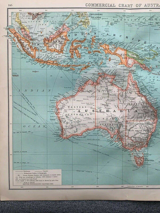 1902 Australasia Original Antique Map By John Bartholomew