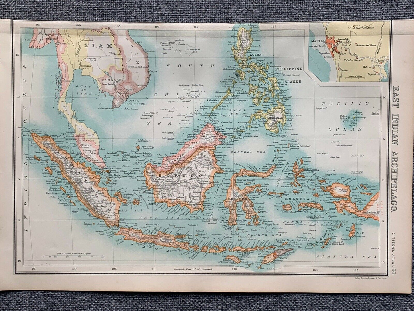 1902 East Indies Antique Colour Map By John Bartholomew