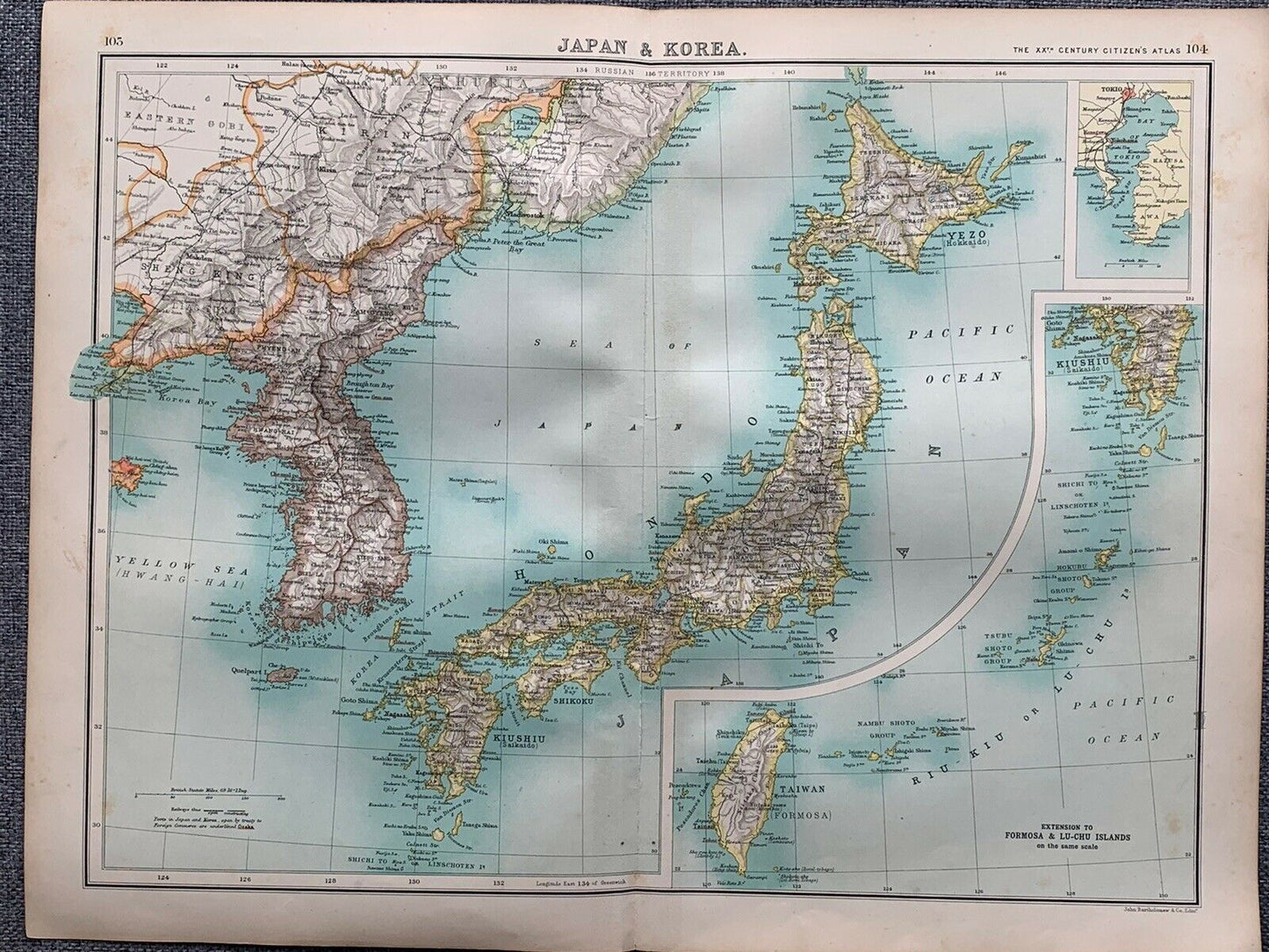 1902 Japan & Korea Antique Colour Map By John Bartholomew