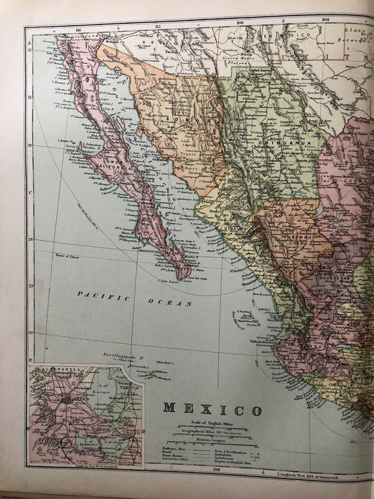 1908 Mexico Original Antique Map By G.W. Bacon 110 Years Old