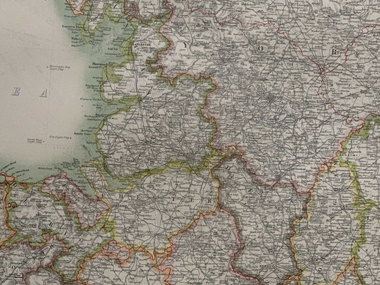 1912 England & Wales Large Antique Coloured Map By Johnston