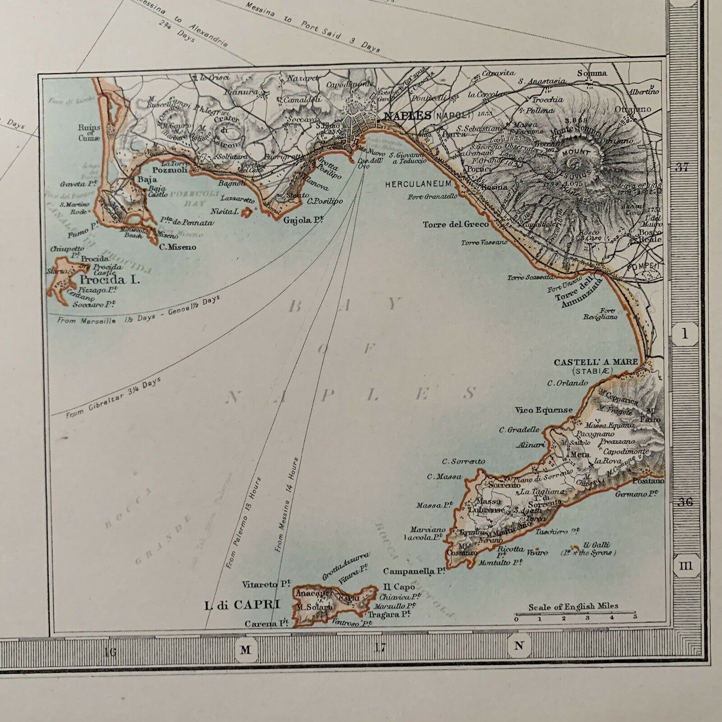 1912 South Italy Large Antique Coloured Map By Johnston