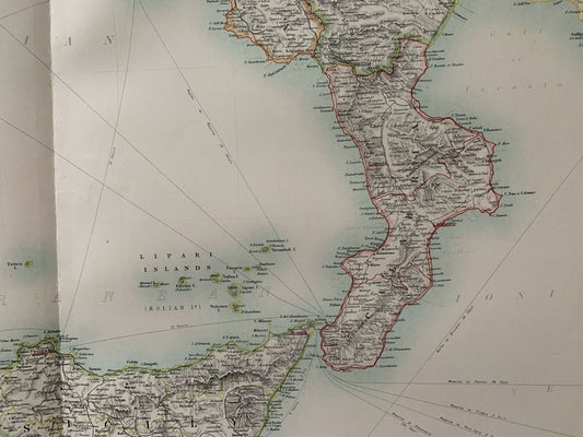 1912 South Italy Large Antique Coloured Map By Johnston