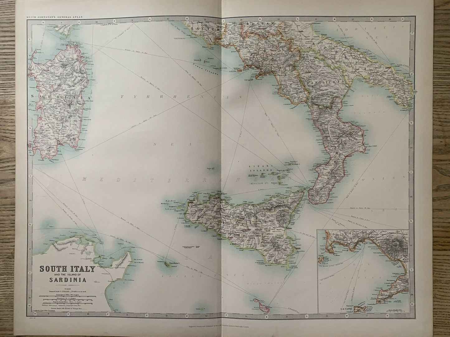 1912 South Italy Large Antique Coloured Map By Johnston