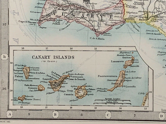 1912 Spain & Portugal Large Antique Coloured Map By Johnston