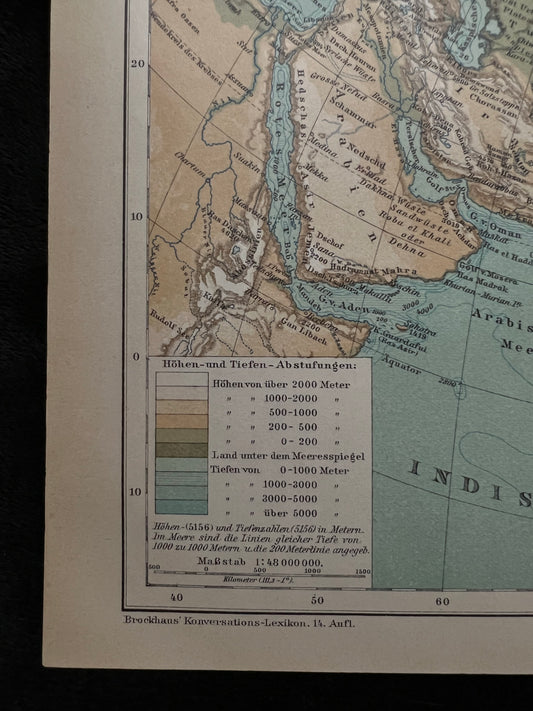 1890s Antique Physical Map of Asia by Brockhaus