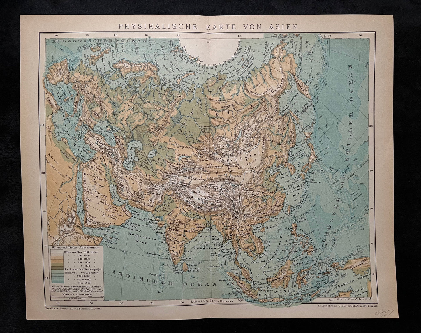 1890s Antique Physical Map of Asia by Brockhaus