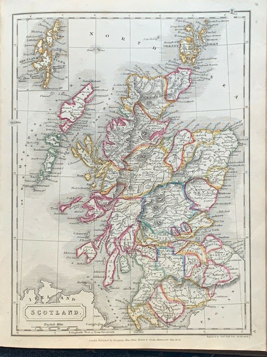 1829 Scotland Hand Coloured Original Antique Map By Sidney Hall 191 Years Old