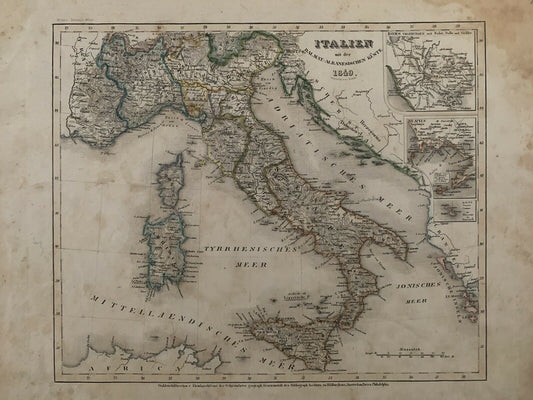 1849 Italy Original Antique Hand Coloured Map By Joseph Meyer 171 Years Old