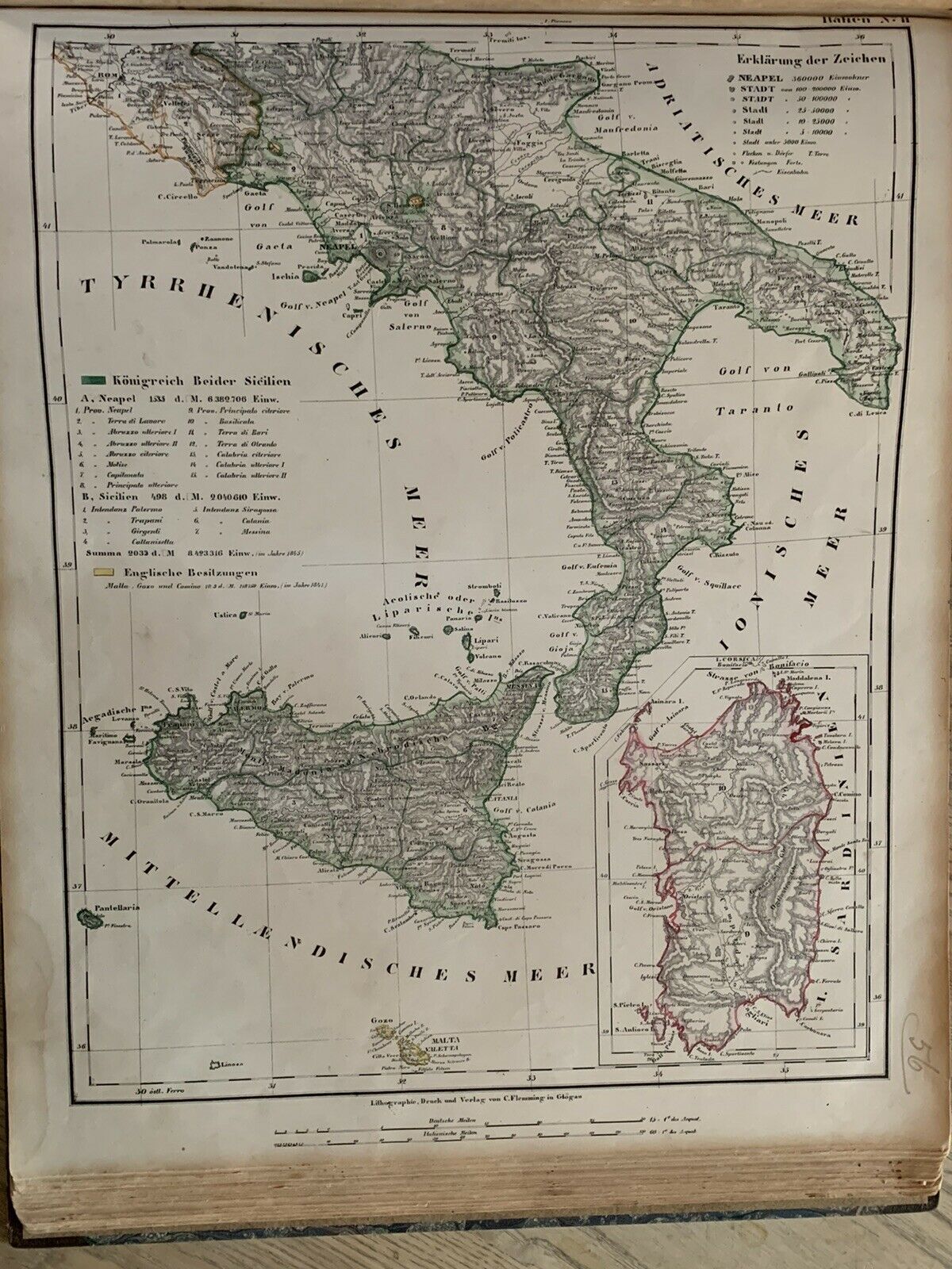 1854 Southern Italy Sicily Hand Coloured Original Antique Map By Carl Flemming