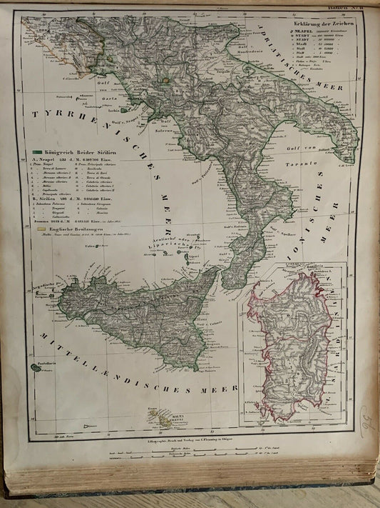 1854 Southern Italy Sicily Hand Coloured Original Antique Map By Carl Flemming