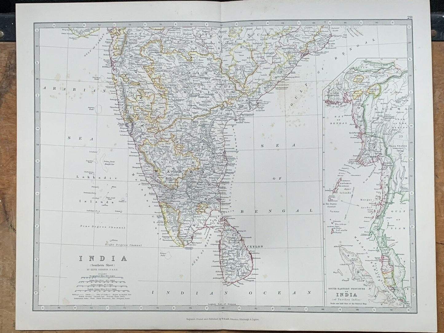 1880 South India Burma Malaya Singapore Hand Coloured Antique Map By Johnston