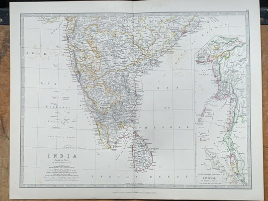 1880 South India Burma Malaya Singapore Hand Coloured Antique Map By Johnston