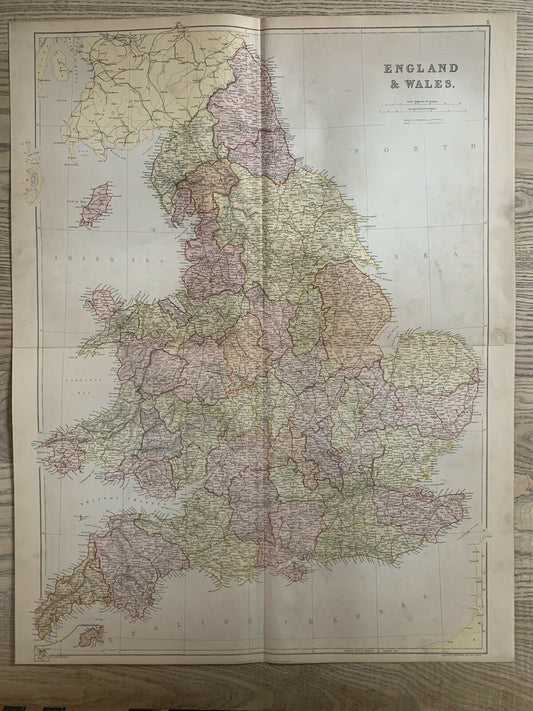 1882 England & Wales Large Antique Colour Map By W.G. Blackie