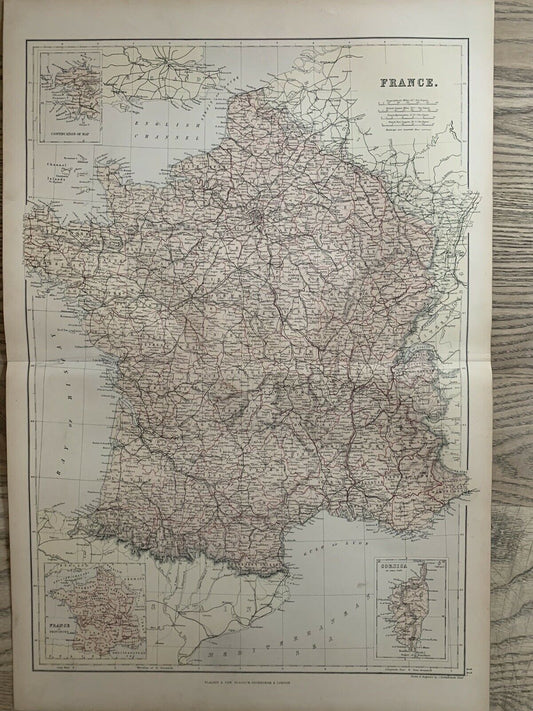 1882 France Original Antique Colour Map By W.G. Blackie 138 Years Old