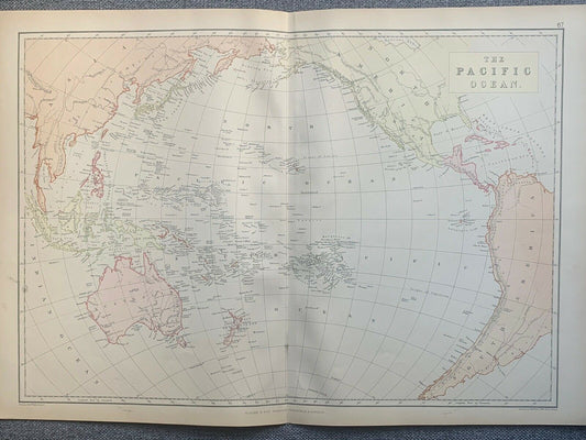 1882 The Pacific Ocean Original Antique Colour Map By W.G. Blackie