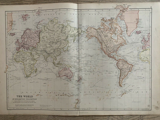 1882 World Chart Original Antique Colour Map By W.G. Blackie 138 Years Old