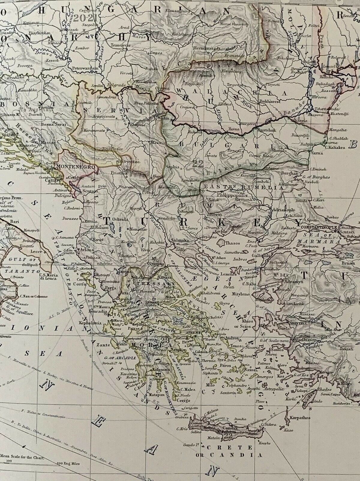 1883 Mediterranean Sea Large Hand Coloured Antique Map By A.K. Johnston