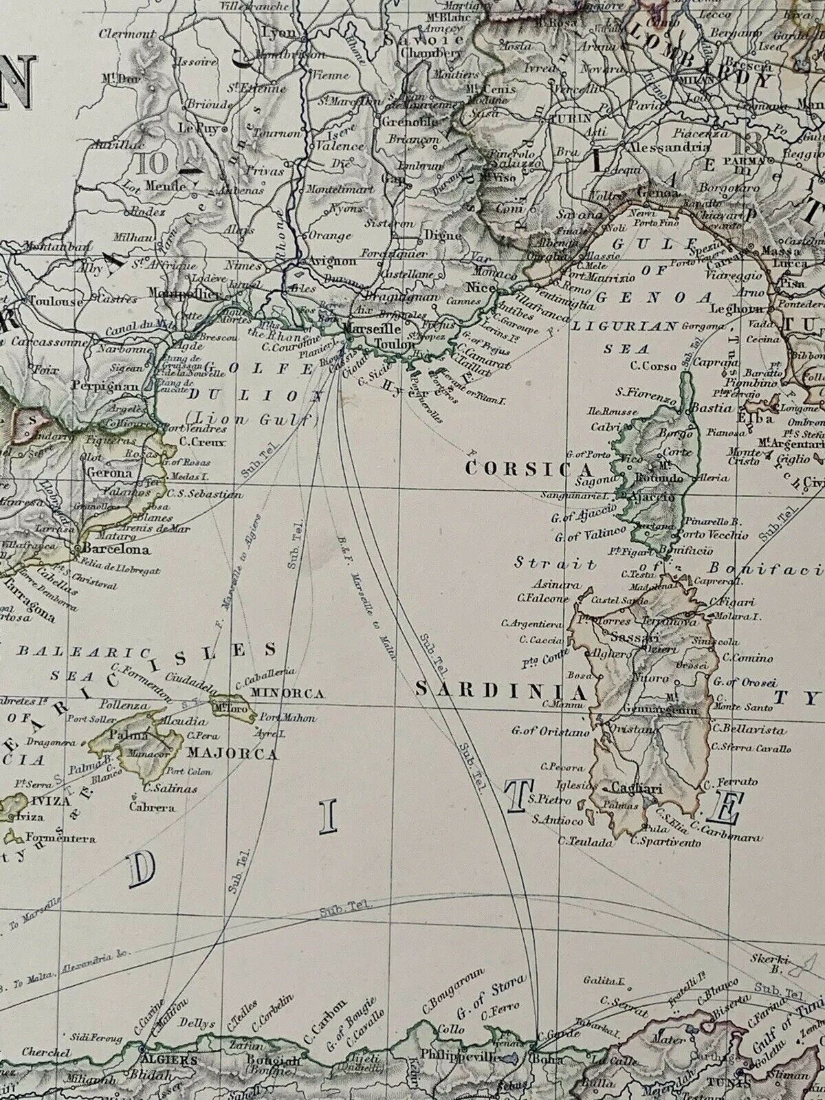 1883 Mediterranean Sea Large Hand Coloured Antique Map By A.K. Johnston